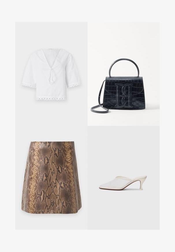 Blouse en coton blanc avec un col en V, détail à nouer à l'avant et bordure en dentelle festonnée sur les manches et l'ourlet. Manches courtes bouffantes.; Jupe mini en simili cuir imprimé serpent marron, avec une texture lisse, une silhouette ajustée et de délicates coutures.; Mule blanches en mesh avec un bout pointu, un talon moyen élancé et un design à enfiler, sur un fond uni.; Sac à main en cuir noir embossé en crocodile avec un design structuré, une poignée supérieure, une bandoulière ajustable et un détail de logo en avant bien visible.