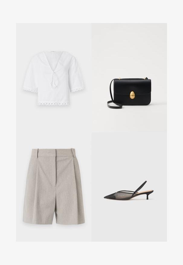 Vit bomullblus med v-ringning, knytband framtill och scallop-lace detaljer på ärmar och nederkant. Korta puffärmar.; By Malene Birger POVILLE - Shorts - grey brown; NEOUS IRENA - Pumps - black; Svart läderhandväska med en strukturerad rektangulär form. Har ett gyllene ovalt lås och ett tunt axelband. Slät textur.
