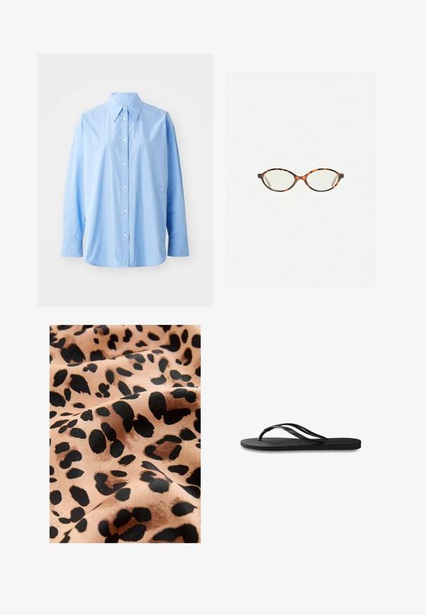 Camicia azzurra chiara in cotone. Presenta un colletto classico, maniche lunghe e un delicato ricamo sul lato sinistro.; Tessuto leopardato con grandi macchie nere su sfondo beige, caratterizzato da una texture satinata liscia e un aspetto fluido.; Infradito neri con suola in gomma testurizzata, due cinghie sottili e un sottile dettaglio del logo impresso sulla cinghia.; Occhiali in tartaruga con lenti ovali e una finitura liscia e elegante. Presentano aste sottili con una leggera curva alle tempie. Lenti trasparenti.; Mango Shopping bag - dark brown