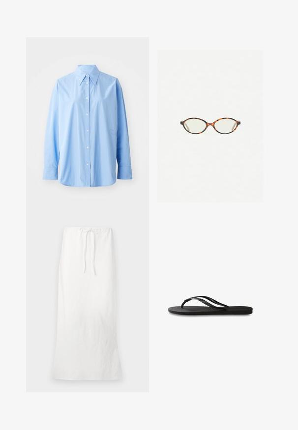 Himmelblaues, button-up Hemd aus Baumwolle. Verfügt über einen klassischen Kragen, lange Ärmel und subtile bestickte Details auf der linken Seite.; Weißer Leinen-Maxi-Rock mit elastischem Bund und Kordelzug. Sanfte Textur, gerade Silhouette und knielanger Schnitt.; Schwarze Flip-Flops mit einer strukturierten Gummisohle, zwei schlanken Riemen und einem dezenten, geprägten Logo-Detail auf dem Riemen.; Schildpatt-Eyegläser mit ovalen Gläsern und einer eleganten, glatten Oberfläche. Mit dünnen Seiten und einer subtilen Kurve an den Schläfen. Klare Gläser.