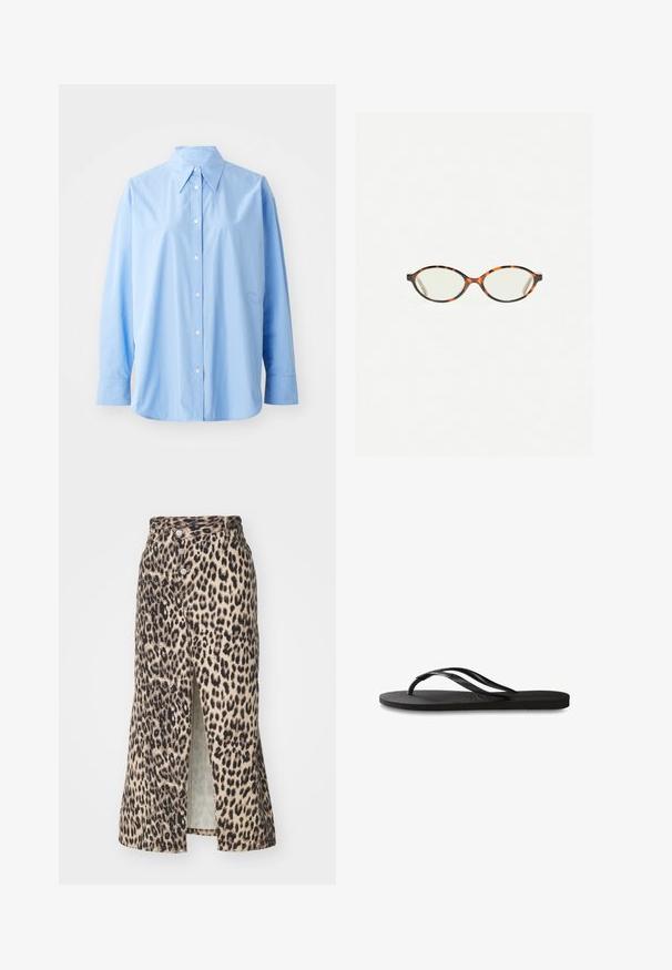 Svetlo modra srajca z gumbki iz bombaža. Ima klasičen ovratnik, dolge rokave in subtilne vezenine na levem strani.; Suknja midi z leopardjim vzorcem iz mehkega materiala, z sprednjim razporkom, gumbom za zapiranje in oprijetim pasom, v nevtralnih tonih z črnimi poudarki.; Črne natikače z teksturirano gumijasto podlogo, dvema ozkima trakoma in subtilnim, vtisnjenim logom na traku.; Kornjačaste očala z ovalnimi lečami in gladko, sijočo površino. Imajo tanke stranice z rahlim ovinkom na templjih. Prosojne leče.; Mango Torba za nakupovanje - dark brown
