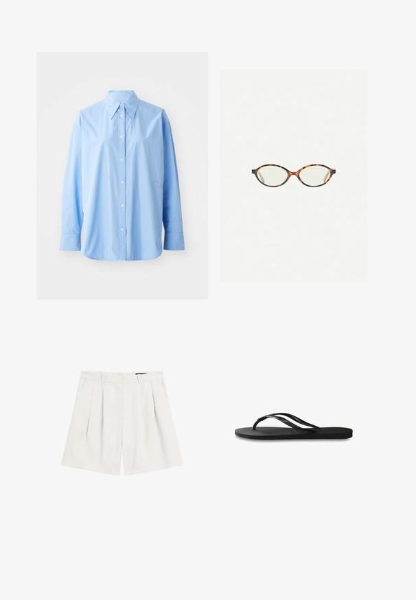 Lysblå skjorte med knaplukning, lavet af bomuld. Har en klassisk krave, lange ærmer og diskrete broderede detaljer på venstre side.; Lys beige plisserede shorts lavet af tekstureret stof. Har en talje med bæltestropper og en lynlås til lukning.; Sorte flip-flop med en tekstureret gummisål, to slanke stropper og et subtilt, præget logodetalje på stroppen.; Skildpaddebriller med ovale linser og en elegant, glat finish. Har tynde sider med en subtil kurve ved tindingerne. Klare linser.; Sort læderhandbag med en struktureret rektangulær form. Har et gyldent ovalt lås og en tynd skulderrem. Glat tekstur.
