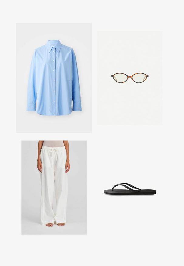 Světle modrá košile s dlouhým rukávem vyrobená z bavlny. Má klasický límec a jemné vyšití na levé straně.; Bílé, lehké kalhoty s širokými nohavicemi a elastickým pasem, který má šnůrku na stažení. Tkanina vypadá hladce a je mírně průhledná.; Černé žabky s texturovanou gumovou podrážkou, dvěma štíhlými popruhy a jemným, embosovaným logem na popruhu.; Želvovinové brýle s oválnými čočkami a hladkým, jemným povrchem. Má tenké bočnice s jemným zakřivením v chrámcích. Čiré čočky.; Bílý hedvábný šátek se opakujícím se černým geometrickým vzorem, lemovaný pevným černým okrajem. Lehký s hladkým povrchem.