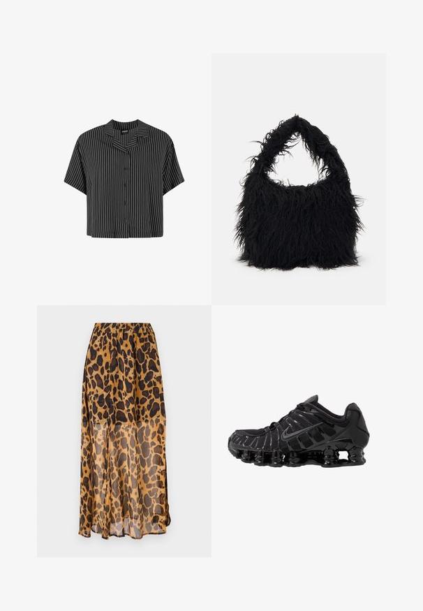 Sort og hvidstribet kortærmet skjorte med klippet krave og knaplukning, med en boxy pasform og let stof.; Leopardtrykt nederdel lavet af let, gennemsigtigt stof. Har en elastisk talje og et flydende design med nuancer af brune og sorte pletter.; Sort atletisk sko med mesh-overdel og glatte overlays. Har buet spiralbøsningsdæmpning og strukturerede linjer på siden. Nike-logoet er synligt.; Even&Odd Shopping bags - black