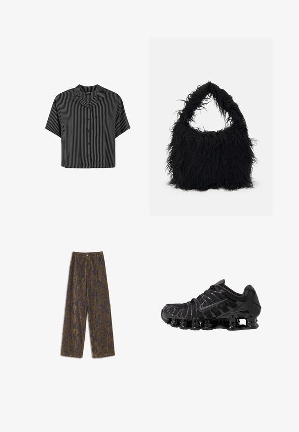 Black and white striped short-sleeve shirt with a notched collar and button front, featuring a boxy cut and lightweight fabric.; Wide-leg trousers in a textured fabric featuring a blue and gold abstract pattern. Front pleats and side pockets enhance the design.; Black athletic shoe with mesh upper and glossy overlays. Features curved coil cushioning and textured lines on the side. Nike logo visible.; Even&Odd Tote bag - black