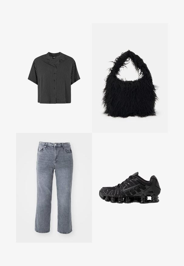 Crno-bijela prugasta košulja kratkih rukava s izrezanom ovratnikom i gumbima sprijeda, s kutijom kroja i laganim materijalom.; Sive, traperice visokog struka s ravnim nogavicama, dvostrukim prednjim džepovima i jednim stražnjim džepom s blagim izbljeđivanjem.; Crne atletske cipele s mrežastim gornjim dijelom i sjajnim premazima. Imaju zakrivenu zavojnicu za amortizaciju i teksturirane linije sa strane. Vidljiv Nike logo.; Even&Odd Velika torba - black