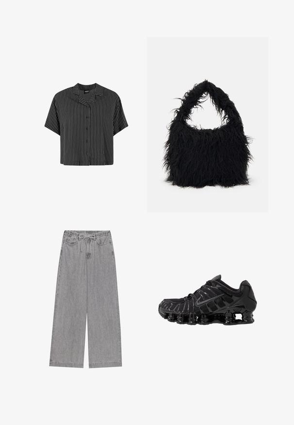 Camisa de manga corta a rayas en blanco y negro con cuello con muesca y cierre de botones, que presenta un corte cuadrado y una tela ligera.; Pantalones de mezclilla de pierna ancha en color gris, con una cintura elástica y cordón ajustable, dos bolsillos frontales y un diseño de pierna recta.; Zapatilla deportiva negra con parte superior de malla y detalles brillantes. Presenta amortiguación de bobina curvada y líneas texturizadas en el lateral. Logotipo de Nike visible.; Even&Odd Bolso shopping - black