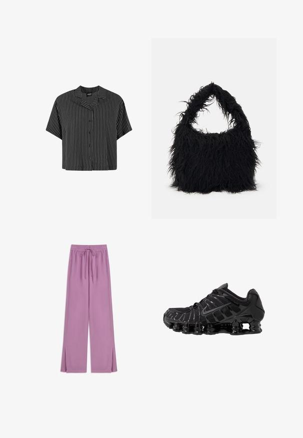 Schwarz-weiß gestreiftes Kurzarmhemd mit einem eingekerbten Kragen und Knopfleiste, mit einem kastigen Schnitt und leichtem Stoff.; Helle lila, weit geschnittene Hose aus weichem Stoff mit elastischem Bund und Kordelzug; verfügt über seitliche Schlitze am Saum.; Schwarzer Sportschuh mit Mesh-Obermaterial und glänzenden Überzügen. Verfügt über eine geschwungene Spiraldämpfung und strukturierte Linien an der Seite. Nike-Logo sichtbar.; Even&Odd Shopping Bag - black