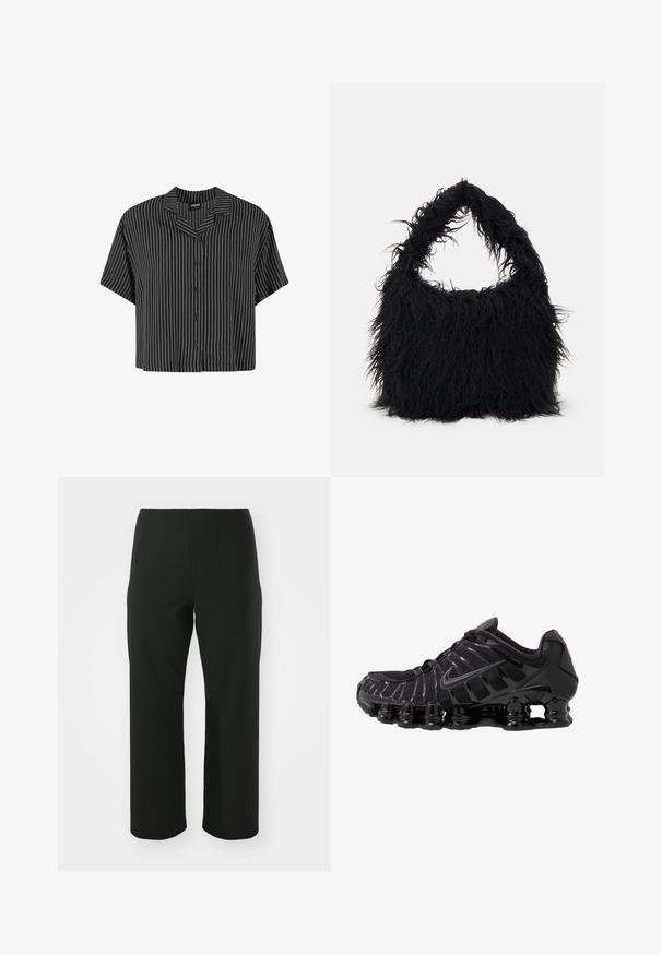 Černobíle pruhovaná košile s krátkým rukávem, klopovým límcem a knoflíkovým zapínáním, s boxy střihe a lehkým materiálem.; Vero Moda Curve VMCAUGUSTA PANT - Kalhoty - black; Černá sportovní bota s síťovaným svrškem a lesklými detaily. Má zakřivené odpružení z pružin a texturované linie na straně. Viditelné logo Nike.; Even&Odd Velká kabelka - black