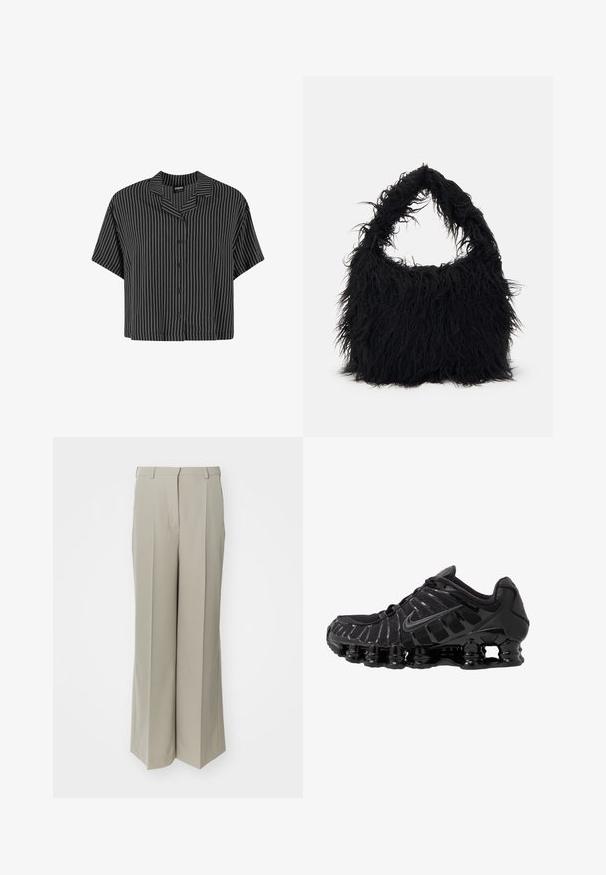 Fekete-fehér csíkos rövidujjú ing, kivágott gallérral és gombos elejével, dobozos fazonnal és könnyű anyagból.; Sima anyagból készült bézs színű, bő szárú nadrág, magas derekú, éles redőkkel és két elülső zsebbel.; Fekete sportcipő hálós felsőrésszel és fényes részletekkel. Ívelt rugózó párnázással és texturált vonalakkal rendelkezik az oldalán. Nike logó látható.; Even&Odd Bevásárlótáska - black