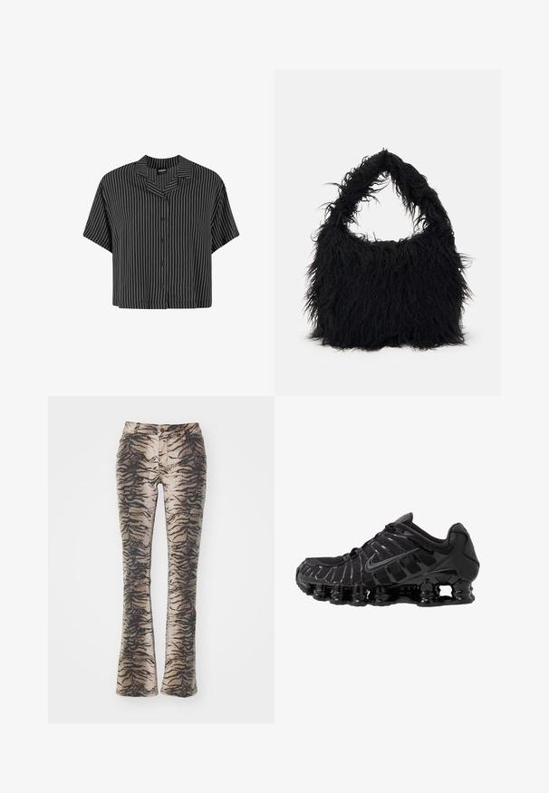 Sort og hvidstribet kortærmet skjorte med klippet krave og knaplukning, med en boxy pasform og let stof.; Bredde bukser lavet af stof med et beige og sort tigerstribemønster, med forlommer og lynlås lukning.; Sort atletisk sko med mesh-overdel og glatte overlays. Har buet spiralbøsningsdæmpning og strukturerede linjer på siden. Nike-logoet er synligt.; Even&Odd Shopping bags - black