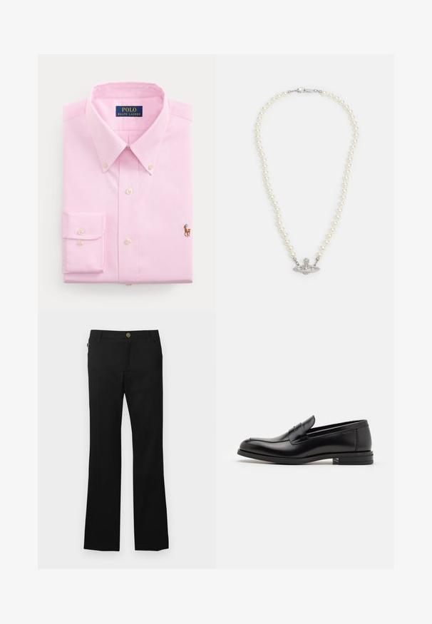 Lichtroze blouse met lange mouwen, knopen en een puntige kraag, parelmoeren knopen en een klein geborduurd polospelerslogo op de borst.; Zwarte broek van een katoenmix, met een rechte pijpvorm, voorzakken en een gouden knoopdetail in de taille.; Zwarte leren instappers met een gladde textuur, ronde neus en een decoratieve band over de wreef. Lage, gestapelde hak en minimalistisch ontwerp.; Parelketting met een zilverkleurige sluiting. Kenmerkt ronde witte parels en een decoratief, met rhinestones bezet middelpunt.