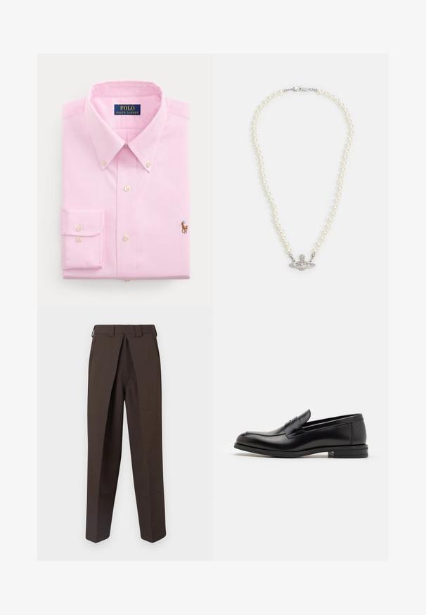 Camisa de manga comprida cor-de-rosa claro, com botões, colarinho apontado, botões de pérola e pequeno logótipo de jogador de polo bordado no peito.; BLUEMARBLE WORK PANT - Calças - brown; Mocassins de couro preto com uma textura suave, bico arredondado e uma faixa decorativa sobre o peito do pé. Salto baixo e empilhado, design minimalista.; Colar de pérolas com fecho em tom de prata. Apresenta pérolas brancas redondas e uma peça central decorativa com strass.