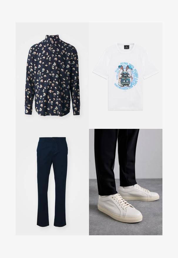 Paul Smith REGULAR FIT SHIRT - Pluus - black; Valge T-särk, millel on graafika mehhaanilisest jänesest, kes hoiab käes kassetti, ümbritsetud sinise tekstiga "PS Paul Smith Records & Tapes."; Tumedate puuvillased püksid kergest kangast. Omavad sirget säärepärki, ühte nupuvajutust ja minimalistlikku õmblust.; Kergedbežsest nahkkingad lamepaeltega, reljeefse pinnaga ja kontrastse kreemivärvi kummitallaga, kombineeritud mustade kitsaste pükstega.