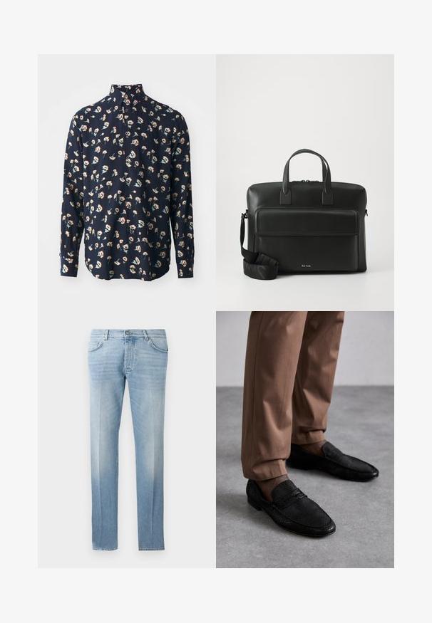 Paul Smith REGULAR FIT SHIRT - Pluus - black; Heledad sinine denim püksid sirge lõikega, kerge kulumine, viie tasku disain ja nööbiga sulgemine vööl.; Mustad mustikad tekstuuriga mustad mokassiinid, millel on ümmargune varvas ja madal profiil. Kombineeritud pronksist pükstega hallil pinnal.; Must jääst valmistatud portfell kahekordsete ülemiste käepidemetega, esikoti ja eemaldatava rihmaga, millel on peen bränding allosas.