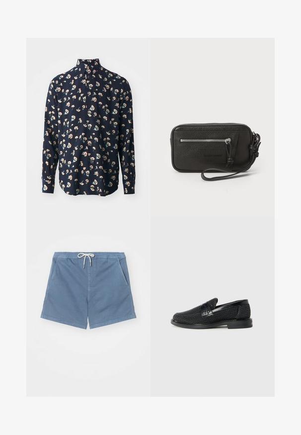 Paul Smith REGULAR FIT SHIRT - Hemd - black; NN.07 GREGOR - Shorts - blue; Schwarzer geflochtener Slipper mit einem glatten Lederakzent im Obermaterial, einem runden Zehendesign und einer flachen Gummisohle.; Schwarze Leder-Clutch mit strukturiertem Oberflächen, Vorderseite mit Reißverschlusstasche und abnehmbarem Handgelenkriemen. Fällt durch ein Logo-Patch auf der Vorderseite auf. Rechteckige Form.