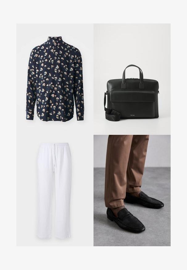 Paul Smith REGULAR FIT SHIRT - Shirt - black; White linen trousers with a loose fit, elastic waistband, and drawstring closure. Smooth texture and straight leg design. No patterns or accents.; Black loafers with a textured pattern, featuring a rounded toe and a low profile. Paired with tan trousers on a gray surface.; Black leather briefcase with dual top handles, a front pocket, and a detachable strap, featuring subtle branding at the bottom.
