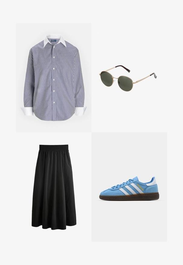 Zilas un baltas svītrainas krekls ar pogām, klasisku apkakli, garām piedurknēm un baltām aprocēm; kokvilnas audums ar gludu tekstūru.; Next POPLIN - Maksi svārki - black; Gaiši zili zamšveidīgi sporta apavi ar baltām ādas strīpām, brūnu teksturētu zoli un zelta logotipu. Zema modeļa dizains ar noapaļotu purngalu.; Rite saulesbrilles ar metāla zelta rāmjiem un tumši zaļiem objektīviem. Roku daļas ir ar bruņurupuča rakstu, kas piešķir papildu detaļas.