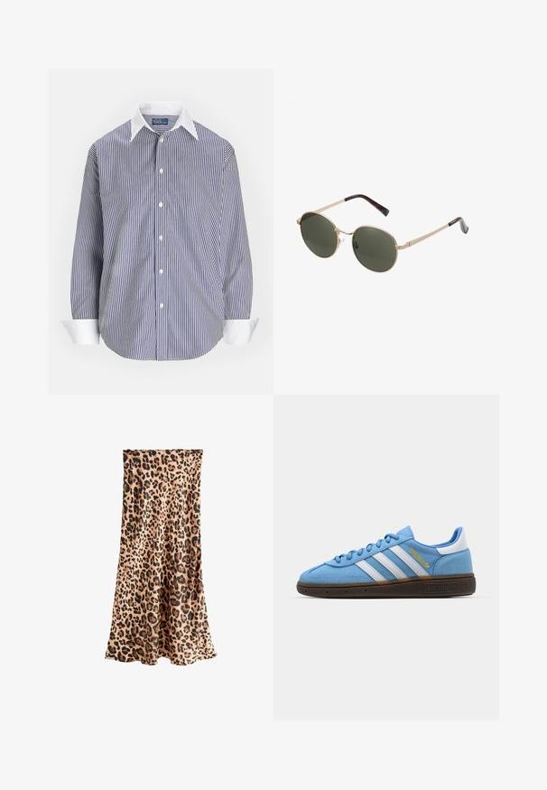 Blue and white striped button-up shirt with a classic collar, long sleeves, and white cuffs; cotton fabric with smooth texture.; Next PETITE FIT - Maxi skirt - leopard; Light blue suede sneakers with white leather stripes, a brown textured sole, and gold logo detail. Low-top design with rounded toe.; Round sunglasses with metallic gold frames and dark green lenses. The arms feature a tortoiseshell design for added detail.