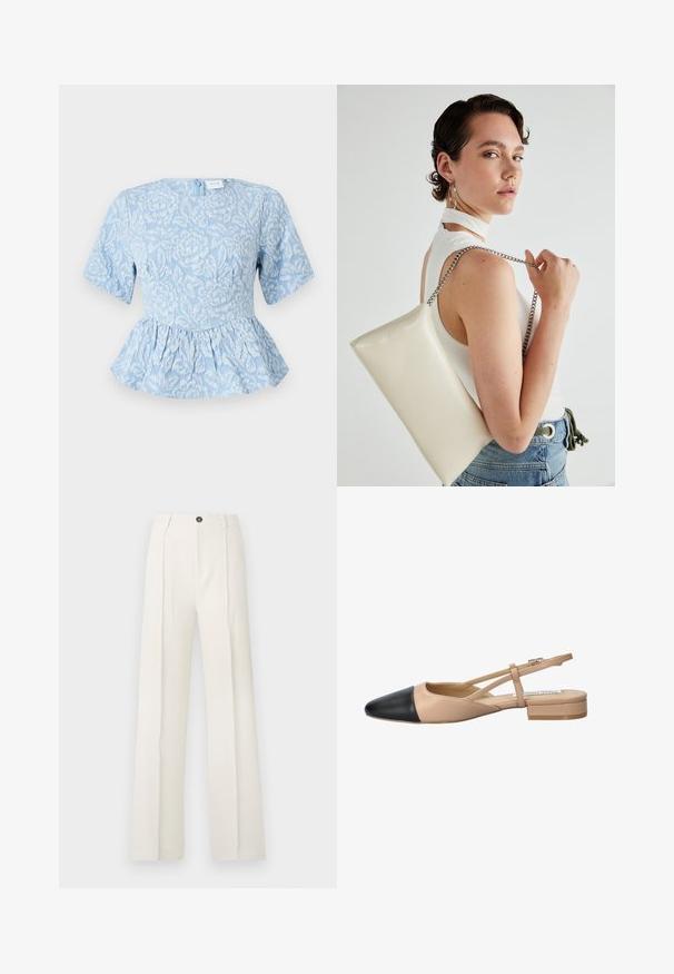 Hellblaues Peplum-Top mit kurzen Ärmeln, strukturiertem Blumenstickerei, runder Halslinie und einem verdeckten Reißverschluss hinten.; Weiße, weite Hosen mit hohem Bund, ausgestattet mit zwei frontalen Falten, einem einzigen Knopfverschluss und Taschen. Glatte Stofftextur.; Beige und schwarze zweifarbige Slingback-Schuhe mit spitzer Zehenpartie, flachem Absatz und gekreuztem Riemendetail. Glattes Lederfinish.; Weiße rechteckige Clutch aus glänzendem Material mit einem silbernen Kettenriemen. Das Model posiert und präsentiert die Tasche vor einem schlichten Hintergrund.