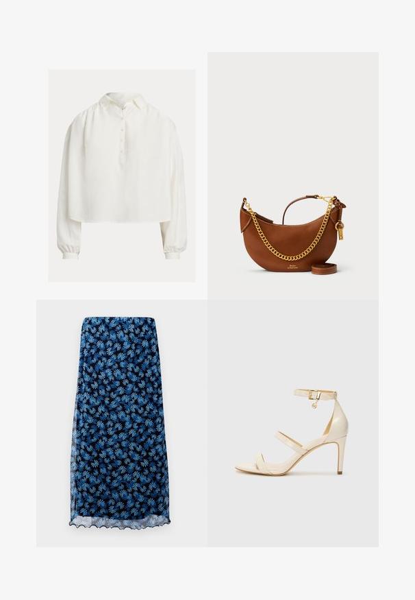 White button-up blouse with a collar, cropped design, and long balloon sleeves. Made of soft fabric with a smooth texture.; Floral print skirt in navy with light blue daisy patterns, sheer fabric, scalloped hem, and a straight silhouette.; Beige high-heeled sandals with thin ankle strap and two upper straps. Glossy patent finish and gold hardware detail on the ankle strap.; Brown leather handbag with a curved design, gold chain strap, interior pocket, and a detachable shoulder strap. Features contrasting stitching.