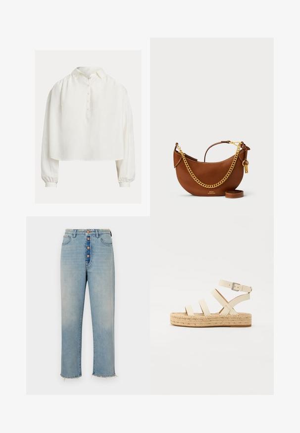 Bela srajca z gumbi, ovratnik, krajšega kroja in dolgimi napihnjenimi rokavi. Izdelana iz mehkega blaga z gladko teksturo.; Svetlo modri jeans z visokim pasom, petimi gumbi in razpetim robom. Ima zadnje žepke in sproščen kroj s ravnimi hlačnicami.; Svetlo bež usnjene espadrile s štirimi križnimi trakovi in paščkom okoli gležnja, ki imajo pleteni jute podplat ter raven gumijast dno.; Rjava usnjena torbica s ukrivljenim dizajnom, zlatim verižnim trakom, notranjim žepom in snemljivim ramenskim trakom. Ima kontrastno šivanje.