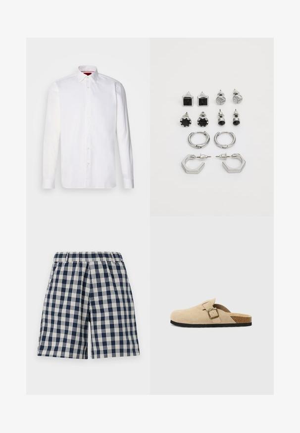 Valkoinen pitkähihainen paita, joka on valmistettu puuvillasta. Siinä on klassinen kaulus, edessä nappilista ja sileä pinta. Punainen yksityiskohta kauluksessa.; Navy ja valged ruudulised lühikesed püksid elastse vöökohtadega. Omavad lõdva istuvust ja sirget lõiget. Valmistatud tekstiilkangast, sobivad igapäevaseks kandmiseks.; Beige mokkasiner i semsket skinn med korksåle, rund tå og en enkel stropp med gulltone spenne. Gummisåle for godt grep.; Hope-setti hopeja, jotka sisältävät kaksi paria rengas korviksia ja kuusi paria nappeja, joissa on erilaisia muotoja ja tekstuureja, mukaan lukien mustia aksentteja.
