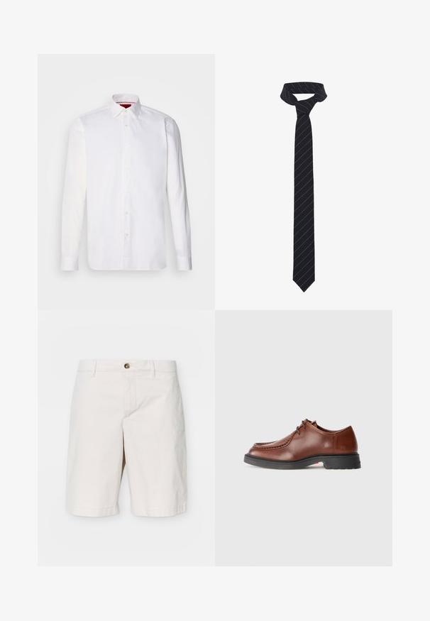 Camicia bianca a maniche lunghe in cotone, con colletto classico, pattina frontale con bottoni e una texture liscia. Dettaglio interno del colletto rosso.; J.LINDEBERG SHANE CLOUD - Shorts - moonbeam; Scarpa da dress in pelle marrone con punta rotonda, cuciture a contrasto, design con lacci e suola in gomma nera texture.; Cravatta nera con strisce blu diagonali, realizzata in un tessuto liscio. Presenta un'estremità affusolata e un nodo a loop nella parte superiore.