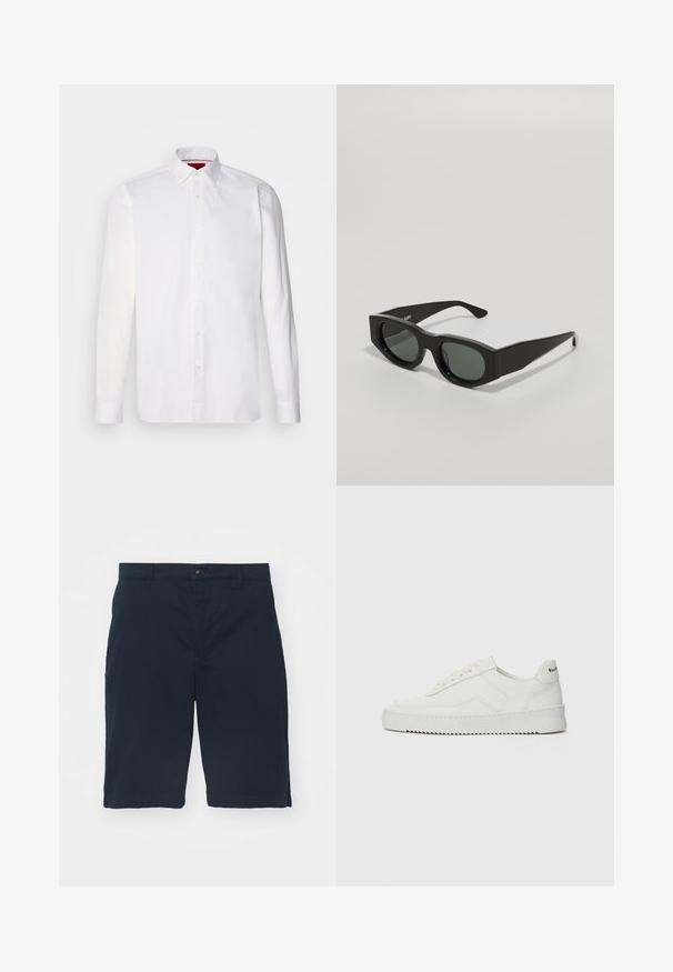 Baltas garām piedurknēm krekls, izgatavots no kokvilnas, ar klasisku apkakli, priekšējo pogu sardzi un gludu tekstūru. Sarkana iekšējā apkakles detaļa.; Tumši zili kokvilnas šorti ar plakanu priekšu, pogu aizdari un sānu kabatām. Ceļu garumā ar gludu tekstūru un tīrām šuvēm.; Baltas ādas sneakers ar gludu virsmu, apaļu pirkstu daļu, plakaniem šņorēm un teksturētu zoli. Satur diskrētu logotipu uz papēža.; Melni taisnstūra saulesbrilles ar zaļiem tonētiem objektīviem, biezām apmalēm un plakaniem kājiņām, kas raksturojas ar gludu plastmasas tekstūru.