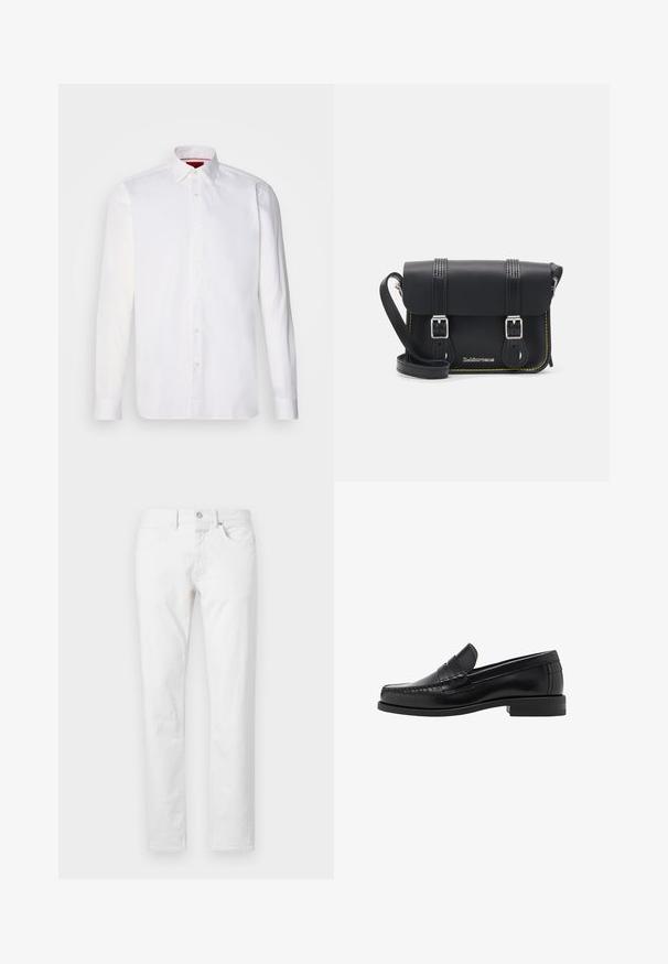 Bela srajca z dolgimi rokavi iz bombaža, ki ima klasičen ovratek, sprednji del z gumbi in gladko teksturo. Rdeči detajl notranjega ovratnika.; Bele straight-leg kavbojke iz denima, z petimi žepi, z gumbom za zapiranje in klasičnim krojem z minimalno teksturo.; Črne usnjene loafer čevlje z gladko površino, šivani detajli na prstu in nizka peta za udobje in stil.; Črna usnjena torba čez ramo s poklopcem, dvema srebrnima zaponkama, rumenim šivom in nastavljivim trakom. Ima gladko teksturo in kompaktno zasnovo.