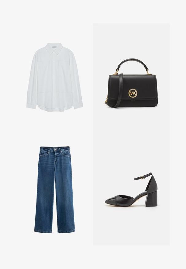 Camicia bianca a maniche lunghe con bottoni, realizzata in un tessuto morbido, dotata di un colletto classico, due tasche frontali e polsini arricciati.; Jeans blu a gamba larga in denim, con vita alta, cinque tasche, leggere pieghe, chiusura con bottone e cuciture in contrasto.; Scarpa nera in pelle con tacco, cinturino alla caviglia, punta affusolata e tacco a blocco. Finitura liscia con una parte anteriore testurizzata sulla punta.; Borsa a mano in pelle nera con un design strutturato, caratterizzata da un logo circolare dorato, una maniglia superiore e una tracolla rimovibile.
