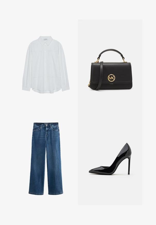 Camicia bianca a maniche lunghe con bottoni, realizzata in un tessuto morbido, dotata di un colletto classico, due tasche frontali e polsini arricciati.; Jeans blu a gamba larga in denim, con vita alta, cinque tasche, leggere pieghe, chiusura con bottone e cuciture in contrasto.; Call it Spring MESMERIZE - Decolleté - other black; Borsa a mano in pelle nera con un design strutturato, caratterizzata da un logo circolare dorato, una maniglia superiore e una tracolla rimovibile.