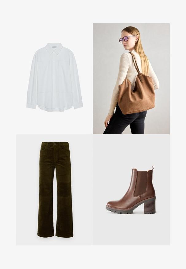 Biała, długosleeveowa koszula zapinana na guziki, wykonana z gładkiego materiału, z klasycznym kołnierzykiem, dwiema przednimi kieszeniami i marszczonymi mankietami.; Sztruksowe spodnie dzwony w głębokim oliwkowym kolorze. Posiadają pięć kieszeni, zapięcie na guzik oraz pionową teksturę prążkowaną. Standardowy krój z klasycznym designem.; Brązowy skórzany botek za kostkę z elastycznymi panelami bocznymi, okrągłym noskiem i teksturowanym obcasem w kształcie bloku. Posiada pętelkę ułatwiającą zakładanie.; Brązowa torebka typu tote wykonana z zamszu o miękkiej teksturze, z dużym otwarciem i długimi paskami. Charakteryzuje się prostym designem z widocznymi szwami i bez elementów metalowych.