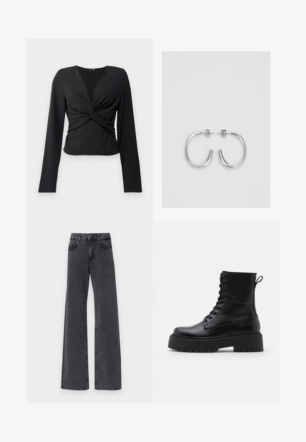 Black long-sleeve top with a wrap design, featuring a twisted front and smooth texture. Made from stretchable fabric for a fitted look.; Black denim flared jeans with a high waist, featuring two front pockets and subtle stitching details along the seams.; Black leather ankle boots with a round toe, lace-up front, and a thick rubber sole featuring a textured tread. Pull tab at the back.; Silver hoop earrings with a smooth, shiny surface, featuring a curved shape and post-back closure. Minimalist design with a modern finish.