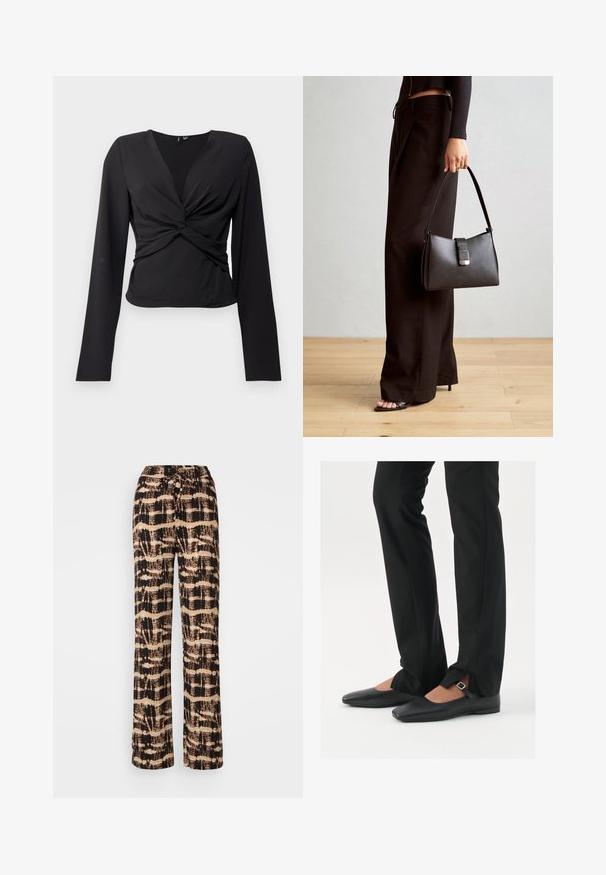 Schwarzes Langarmoberteil mit Wickeldesign, das eine verdrehte Vorderseite und eine glatte Textur aufweist. Aus dehnbarem Stoff gefertigt für eine körpernahe Passform.; Weite Hosen aus einem leichten Material mit einem schwarz-beigen abstrakten Muster. Verstellbarer Kordelzug am Bund, lockerer Schnitt.; Schwarze Leder-Ballerinas mit spitzer Zehenpartie, Riemchen mit silberner Schnalle, kombiniert mit schwarzen taillierten Hosen mit Schlitzsaum.; Schwarze Handtasche mit strukturierter Form, glatter Textur und einem metallischen Verschluss. Kombiniert mit weiten schwarzen Hosen und offenen Sandalen auf einem Holzboden.; Silberne Creolen mit einer glatten, glänzenden Oberfläche, einer gebogenen Form und einer Steckverschluss. Minimalistisches Design mit modernem Finish.