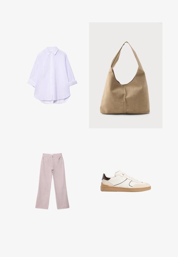 Svijetlopurple košulja s dugim rukavima s vertikalnim bijelim prugama, kratkim preklopnim rukavima i ravnim rubom. Pamuk. Klasični dizajn ovratnika.; Svijetloružičaste široke traperice sa zatvaračem, pet džepova i suptilnim detaljima šivanja.; Stradivarius Tenisice - white; Torba hobo u mekanom bež antilopu s opuštenim oblikom, širokim remenom za rame i ručno šivenim detaljem na prednjoj strani.