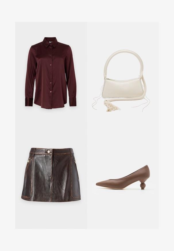 Cămașă din satin bordeaux cu mâneci lungi, guler ascuțit și închidere cu nasturi, prezentată plat pe un fundal alb.; Fustă mini din piele maro, cu un design elegant, două buzunare laterale cu fermoar și cusături contrastante pe margini.; Pumping din piele maro cu vârful ascuțit și un toc rotund unic. Textură netedă, design elegant și detalii minimaliste.; Geantă de mână de culoare crem, cu un mâner rotunjit, închidere cu fermoar și detaliu cu franjuri. Prezintă o textură de piele netedă și o margine din material contrastant.