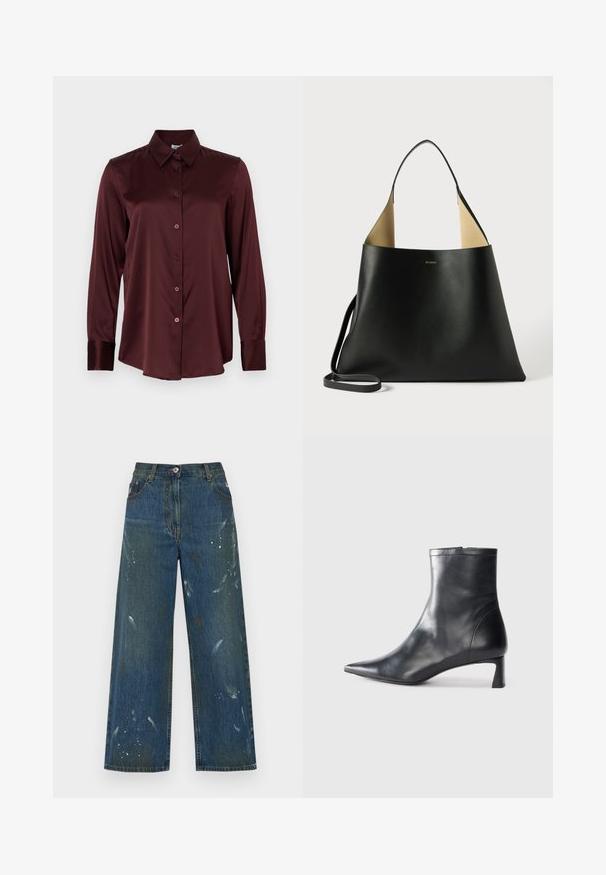 Burgundivärinen, pitkähihaisella satiinipaidalla on terävä kaulus ja napitus edessä, esitetty litteänä valkoista taustaa vasten.; Vaaleat lahkeet tummansinisistä denimeistä, joissa on maaliroiskeita. Klassinen viiden taskun muotoilu ja nappikiinnitys vyötäröllä.; Musta nahkainen nilkkabotti, jossa on teräväkärkinen muotoilu ja tyylikäs design. Varusteena matala korko ja takana vetoketjukiinnitys. Sileä pinta.; Musta nahkainen laukku, jossa on avara ja kulmikas muotoilu. Sisältää kontrastivärisen vaaleanruskean sisäpuolen ja ohuen olkahihnan. Minimalistinen brändäys on esillä.