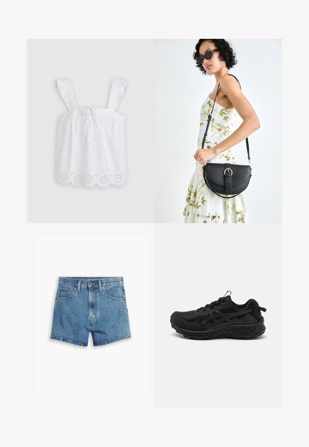 Top sans manches blanc avec des bretelles volantes, un devant à cordon de serrage et de la broderie florale en œillets le long de l'ourlet. Tissu en coton léger.; Shorts en denim bleu clair, comportant cinq poches, un zip et un bouton de fermeture. L'ourlet est effiloché, avec une coupe décontractée.; Baskets de sport noires avec tissu en maille et tissu texturé, présentant un design épuré, une semelle moulée et des accents de logo ton sur ton. Fermeture à lacets.; Sac à main en cuir noir avec une forme courbée, bandoulière amovible et des accessoires en or. Le sac est doté d'un rabat avec un détail de boucle.