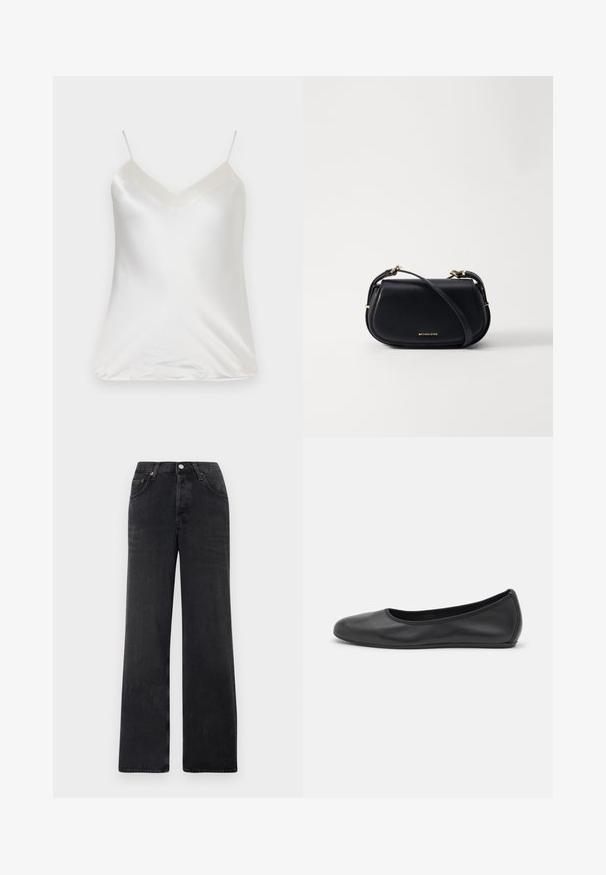 Paul & Joe VBOTANIC - Bluse - ecru; Svarte vidbenede jeans laget av denim. Har høy midje, to frontlommer og en knappelukking med kobberdetaljer.; Svart skinnballettflatt med rund tå, glatt tekstur, minimal sømdetalj, og et fleksibelt såledesign.; Svart lær crossover-veske med en buet form, detaljer i gullmetall, justerbar stropp og logo i gull på forsiden.