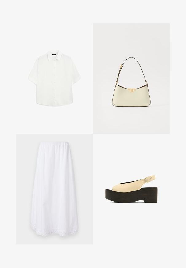 Hvid kortærmet skjorte lavet af letvægtsstof, med klassisk krave, knaplukning og rundet kant med subtil tekstur.; Hvid bomuldsnederdel med elastisk talje og blondekant i kanten, som har et let, knælangt design.; Beige ruskindsplatformsandaler med åben tå, slingback-design og en mørk trælignende bund, der har en metalspænde til justering.; Læder håndtaske i cremefarve med en buet form. Har et guldfarvet logo som accent og en tynd, justerbar mørk skulderrem.