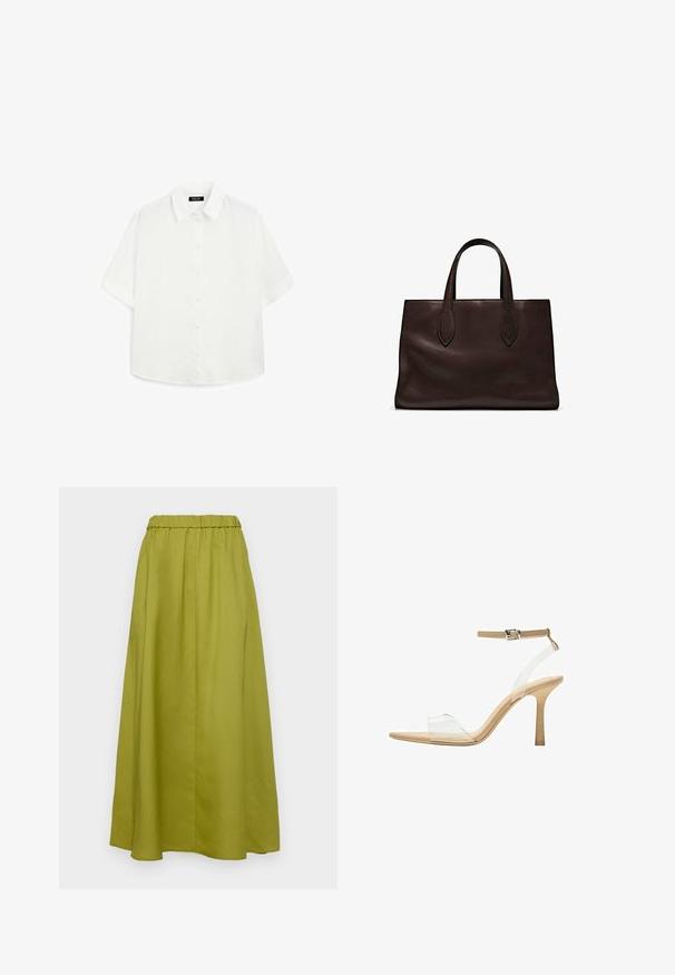 Weißes kurzärmeliges Hemd aus leichtem Stoff, mit klassischem Kragen, Knopfverschluss und abgerundetem Saum mit subtiler Textur.; Maxi-Rock in Olivgrün, aus glattem Stoff gefertigt. Besitzt einen elastischen Bund und eine fließende Silhouette mit Falten für zusätzliche Textur.; Durchsichtige Sandale mit transparentem Obermaterial, beigem Fußbett und einem schlanken Knöchelriemen. Sie hat eine spitz zulaufende Zehenpartie und einen dünnen, hohen Absatz.; Braune Ledertasche mit zwei langen Griffen, strukturierte rechteckige Form, glatte Textur und dezente Nähdetails.