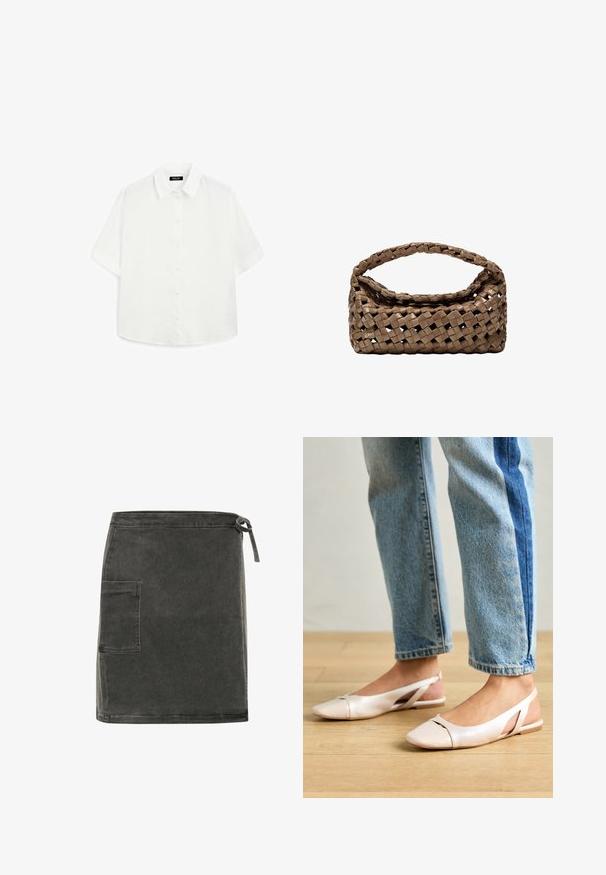 Witte korte mouwen shirt van lichtgewicht stof, met een klassieke kraag, knoopsluiting en een afgeronde zoom met subtiele textuur.; Grijze spijkerrok met een rechte snit, zijzak en verstelbare striksluiting in de taille. Beschikt over een zachte textuur en een minimalistisch ontwerp.; Zachtroze slingback ballerina's met een spitse neus, gemaakt van een glad leerachtig materiaal. Bevat uitsnijdingen aan de zijkanten en heeft een platte hak.; Geweven bruine handtas met een rechthoekige vorm, gestructureerd handvat en een textuurrijk oppervlak. Heeft een gesloten bovenkant en een ingewikkeld vlechtpatroon.