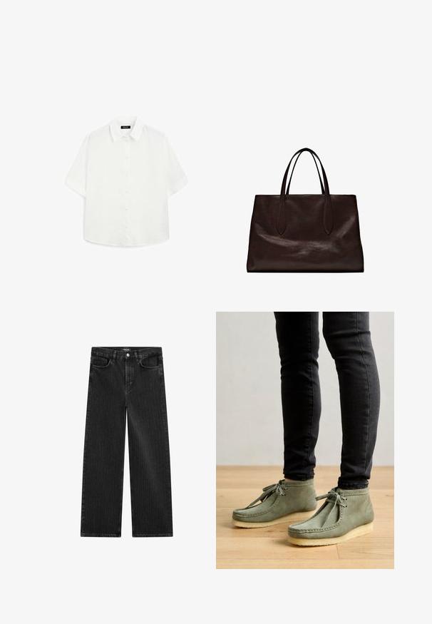 White short-sleeve shirt made of lightweight fabric, featuring a classic collar, button closure, and a rounded hem with subtle texture.; Wide-leg black denim jeans with a subtle vertical stripe pattern, featuring five-pocket design and a classic button closure at the waist.; Suede green ankle boots with a soft sole, featuring a lace-up design and stitched detailing along the edges. Worn with black jeans.; Massimo Dutti Handbag - brown