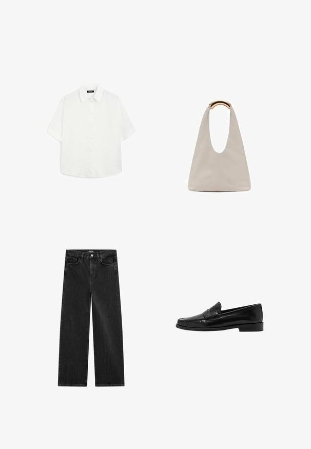 Biała koszula z krótkim rękawem, wykonana z lekkiego materiału, z klasycznym kołnierzykiem, zapięciem na guziki i zaokrąglonym dołem o delikatnej fakturze.; Szerokie czarne dżinsy z subtelnym wzorem w pionowe paski, z pięcioma kieszeniami oraz klasycznym zapięciem na guzik w talii.; Mango - Półbuty wsuwane; Jasnoszara skórzana torba o kształcie litery U z zakrzywionym metalowym uchwytem. Gładka tekstura z minimalnymi szwami i bez widocznych wzorów.