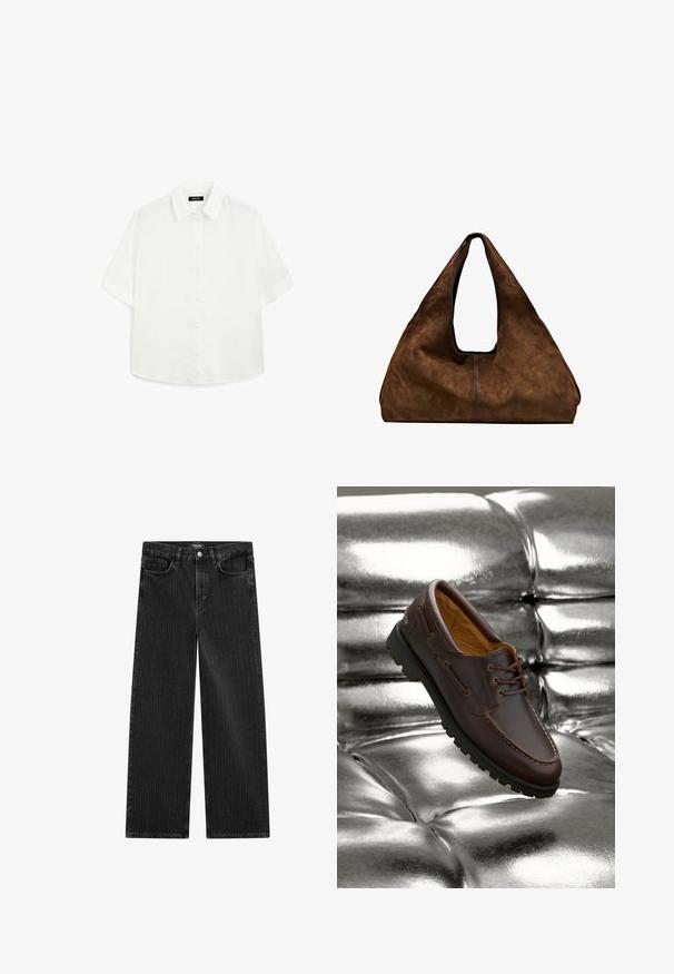 Camicia bianca a maniche corte realizzata in tessuto leggero, con colletto classico, chiusura con bottoni e orlo arrotondato con una leggera texture.; Jeans in denim nero a gamba larga con un sottile motivo a righe verticali, dotati di cinque tasche e una chiusura a bottone classica in vita.; Scarpa da barca in pelle marrone con suola in gomma nera appoggiata su una superficie argentata metallica lucida e trapuntata.; Borsa a spalla in suede marrone con apertura superiore. Presenta un corpo profondo e largo, manico sagomato e cuciture minimali per un design pulito.
