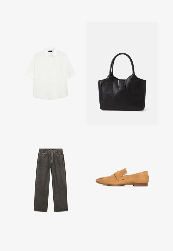 Bílá krátká košile vyrobená z lehké tkaniny, s klasickým límcem, zapínáním na knoflíky a zaobleným lemem s jemnou texturou.; Tmavě šedé široké džíny vyrobené z denimu, se klasickým pětipocketovým designem, pevným šitím a zipem s knoflíkovým zapínáním.; Hnědé semišové mokasíny s plochým podpatkem, kulatou špičkou a prošívaným páskem přes nárt pro elegantní vzhled.; Černá kožená tote taška s hladkým povrchem, strukturovaným tvarem, dvěma uchy a výrazným stříbrným detailem s přezkou na přední straně.