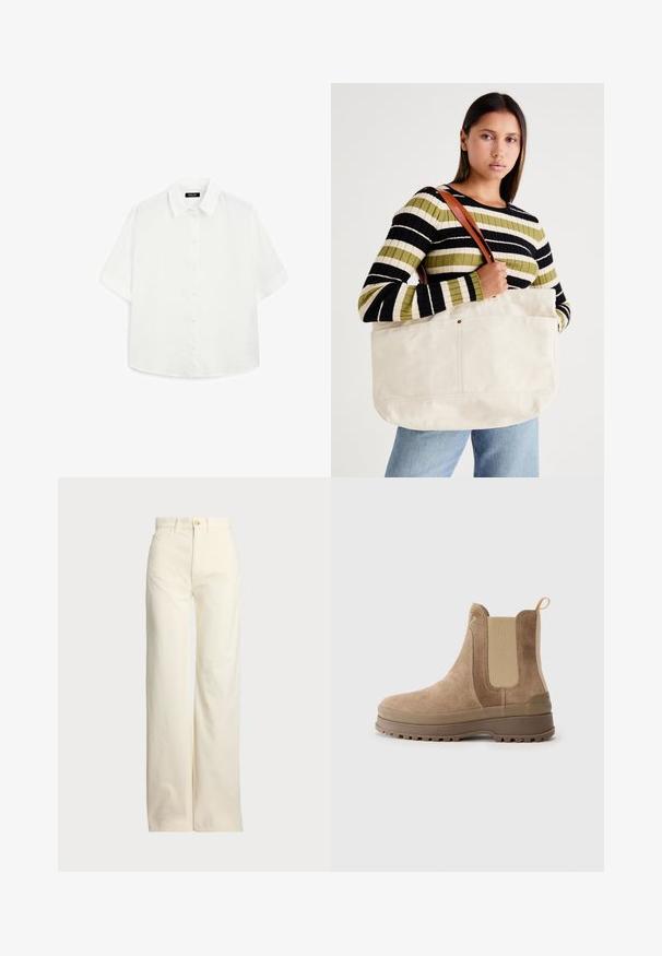 White short-sleeve shirt made of lightweight fabric, featuring a classic collar, button closure, and a rounded hem with subtle texture.; Polo Ralph Lauren COTTON CORDUROY WIDE-LEG PANT - Trousers - warm white; Brown suede Chelsea boots with elastic side panels, pull tab, rubber sole, and textured surface, featuring a rounded toe and sturdy design.; Large beige canvas tote bag with brown leather straps, featuring a minimal design and visible stitching accents.