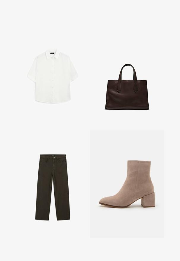 Camicia bianca a maniche corte realizzata in tessuto leggero, con colletto classico, chiusura con bottoni e orlo arrotondato con una leggera texture.; Jeans a gamba larga di colore verde scuro, realizzati in tessuto misto cotone, dotati di chiusura con bottone frontale, cinque tasche e cuciture classiche in denim.; Stivale alla caviglia in suede beige con punta affilata e tacco quadrato spesso. La superficie è liscia, con una texture morbida e dettagli minimi.; Borsa a spalla in pelle marrone con due manici lunghi, forma rettangolare strutturata, texture liscia e dettagli di cucitura sottili.