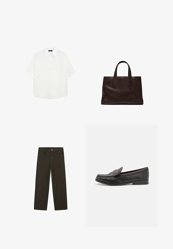 Bílá krátká košile vyrobená z lehké tkaniny, s klasickým límcem, zapínáním na knoflíky a zaobleným lemem s jemnou texturou.; Tmavě zelené široké džínsy vyrobené z bavlněné směsi, s předním zapínáním na knoflík, pěti kapsami a klasickým denimovým stehem.; Černé kožené mokasíny s texturovaným povrchem, kulatou špičkou a dekorativním prošíváním. Mají plochý podpatek a design na obutí.; Hnědá kožená taška přes rameno s dvěma dlouhými uchy, strukturální obdélníkový tvar, hladká textura a jemné švy.